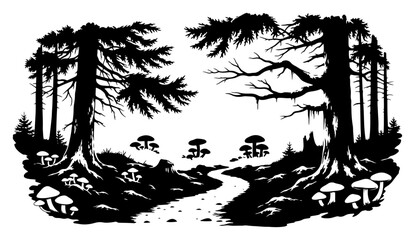 Mystical forest pathway with pine trees and wild mushrooms in vintage woodcut stencil style © Cristiano