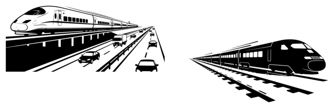 High speed passenger trains on railway tracks and highway perspective in bold graphic style