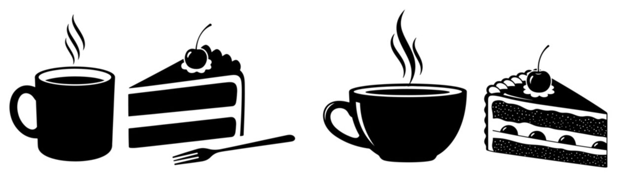 Hot coffee mugs and sweet cake slices with cherries in clean black and white icon style