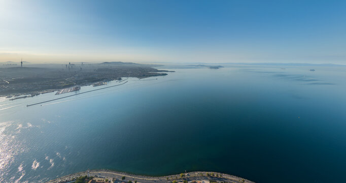 Istanbul, Turkey. Aerial drone view of the confluence of Bosphorus Strait and Sea of Marmara. Water surface and horizon. Aerial view