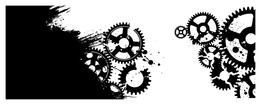 Industrial gears border with grunge paint splatters steampunk vector design