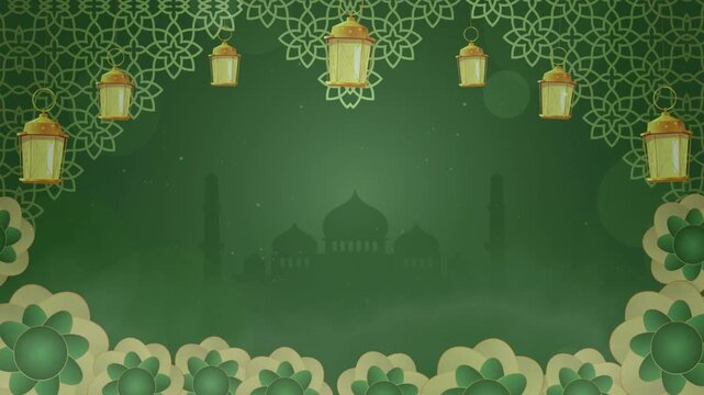 Festive Ramadan Mubarak adn Eid al-Adha background with glowing golden lanterns, green floral patterns, and a subtle mosque silhouette at the center.