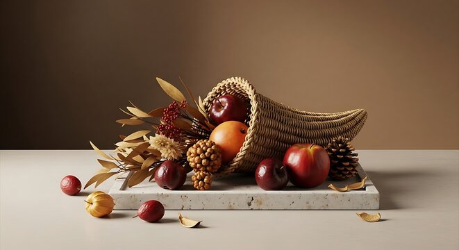 A beautiful cornocopia centerpiece with fresh seasonal autumn fruit and decorative pine cones arranged on a white marble tray for a festive holiday table.