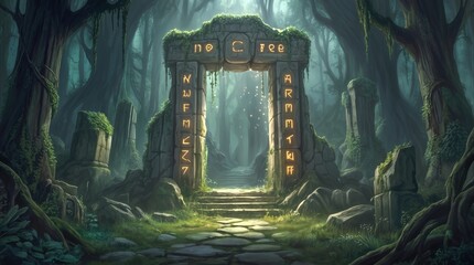 Obraz premium Mystical stone gateway standing in a dark enchanted forest. Glowing runes on pillars mark the entrance to a hidden path among mossy trees.