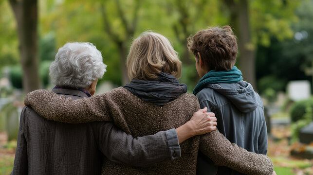 European three generation family viewed from behind standing together at graveside in peaceful cemetery on soft overcast morning, elderly grandparent adult child and young grandchi