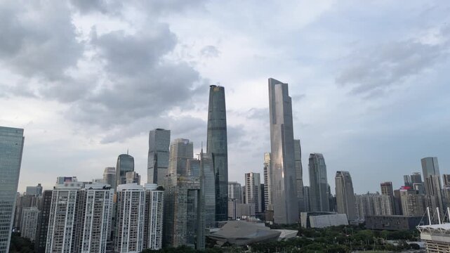 Aerial view of Guangzhou Zhujiang New Town CBD skyline under cloudy sky, Guangdong, China