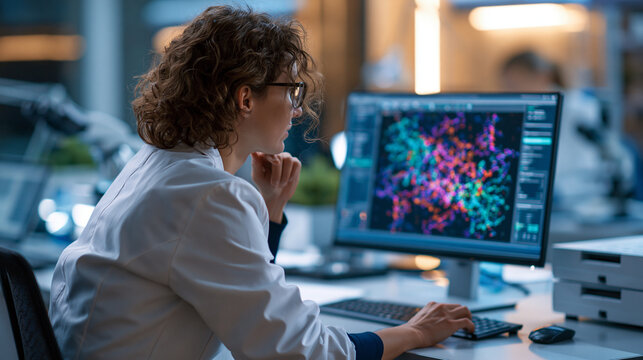 A European biochemist viewed from behind works in a bright calm lab using soft quantum computing software for medical genome research in soft daylight genome research faceless