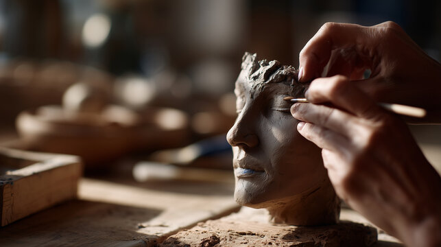 European sculptor hands close-up carefully carving fine detail into partially finished clay portrait bust on wooden studio workbench, only hands forearms and sculpting tool visible