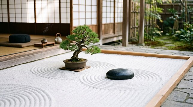 Small green bonsai tree and smooth black stone resting on raked white sand within a traditional japanese zen garden landscape