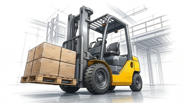 Yellow forklift truck lifting a pallet loaded with cardboard boxes in a warehouse