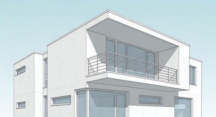 Fototapeta premium Modern Minimalist House Architectural Sketch with Balcony and Large Windows on Blue Sky Background