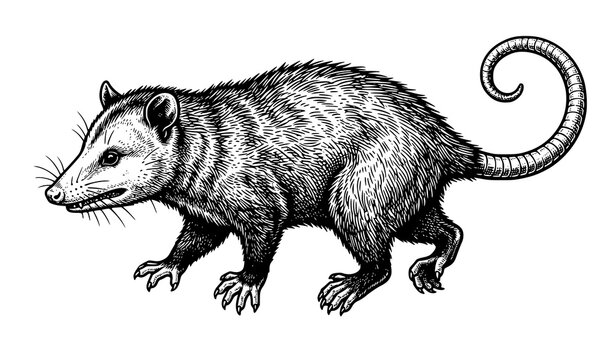 Opossum Engraving Vector Illustration with Scratchboard Hand Drawn Wildlife Apparel Design