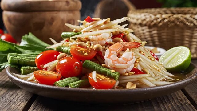 Delicious Thai Green Papaya Salad with Shrimp and Tomatoes.