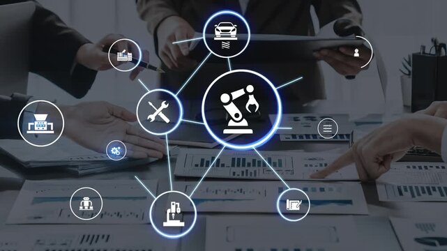Mechanized industry automation and modern production system with robotic arms, gears, tools and loFunnelics for efficient mechanized industry process. Funnel