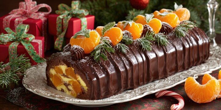 Festive dessert with chocolate frosting and mandarin orange slices for celebration
