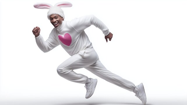 funny man in bunny costume running