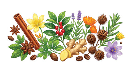 Botanical illustration of various herbs, spices, and flowers including cinnamon, ginger, lavender, calendula, star anise, coffee beans, and berries arranged on a © Essential Design Lab
