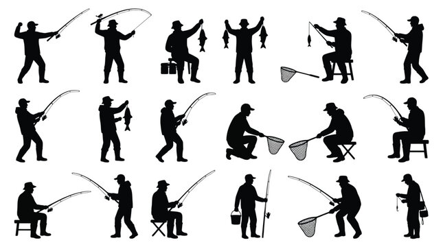 Set of fishing silhouettes, fishermen with fishing rods, nets and caught fish