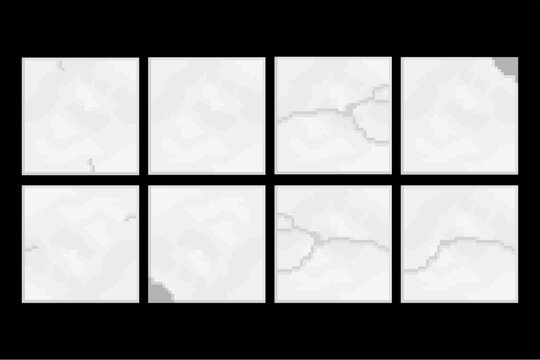 A collection of eight separate square icons displaying different cracked concrete and stone textures in light grey tones, arranged on a solid black background.
