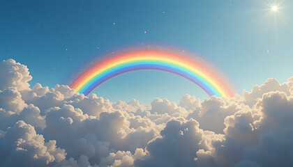 Fototapeta premium vibrant rainbow layered behind puffy clouds with sparkling sky glow