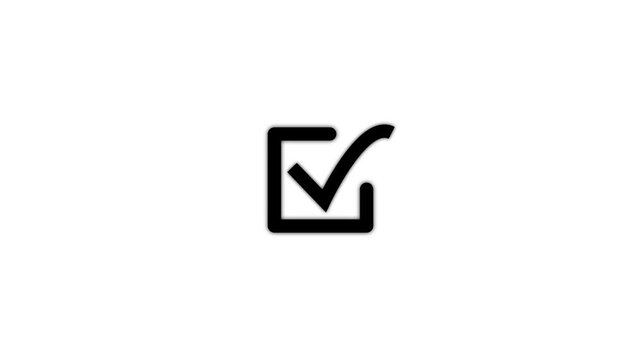 Minimalist white checkmark inside a square outline on a black background.Tick mark icon symbol approval concept. Green check sign confirmation agreement success design.