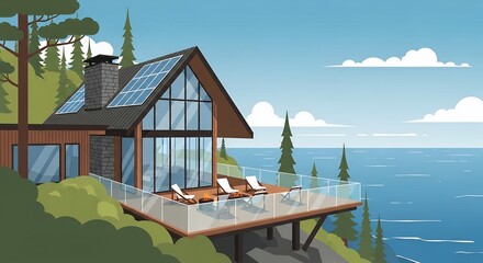 Fototapeta premium Modern Sustainable House with Solar Panels and Glass Deck Overlooking the Ocean in a Forest Setting