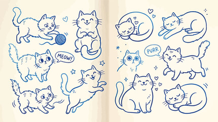 Obraz premium Set of cute hand drawn cats in doodle style collection of funny kittens in various poses, playing with yarn, sleeping, sitting, and meowing