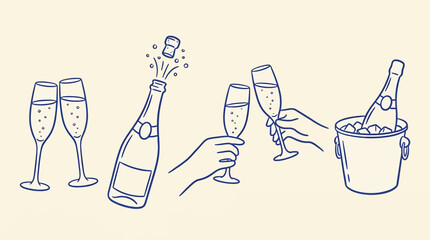 Set of champagne icons, including glasses, a popping bottle, hands toasting, and a bottle in an ice bucket, handdrawn vector illustration © Essential Design Lab
