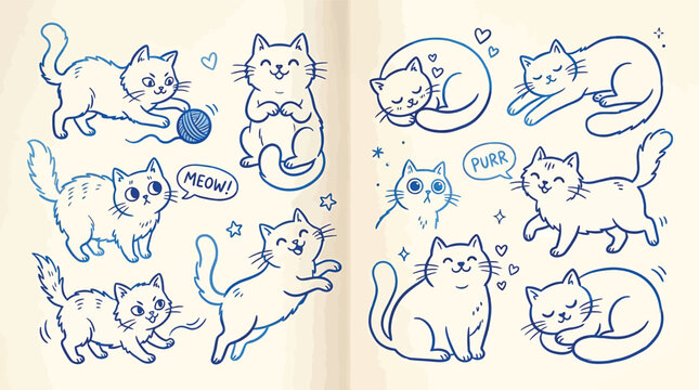 Set of cute hand drawn cats in doodle style collection of funny kittens in various poses, playing with yarn, sleeping, sitting, and meowing