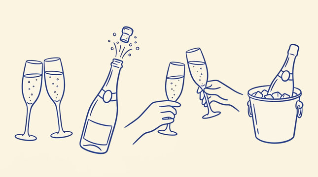 Set of champagne icons, including glasses, a popping bottle, hands toasting, and a bottle in an ice bucket, handdrawn vector illustration