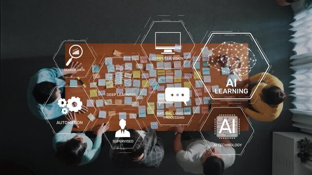 Aerial view of a creative team collaborating on artificial intelligence concepts, exploring deep learning and automation strategies in a modern workspace environment. Raster
