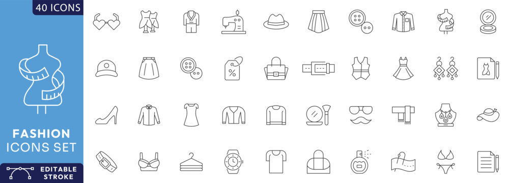 Fashion Line Editable Icons set. Containing T-shirt, shirt, dress, shoe, tie, underware. Fully Editable. Vector illustration