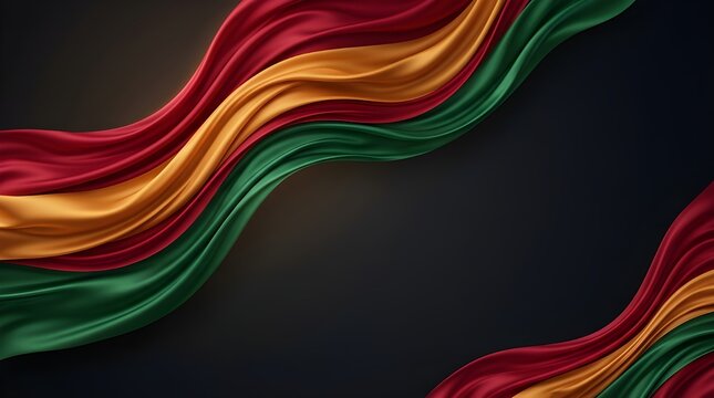 Wavy red, yellow, and green fabric strips on a dark background, with a smooth, flowing design and a bold color scheme, perfect for juneteenth celebrations.