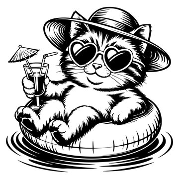 Cat Relaxing on Flamingo Pool Float Illustration