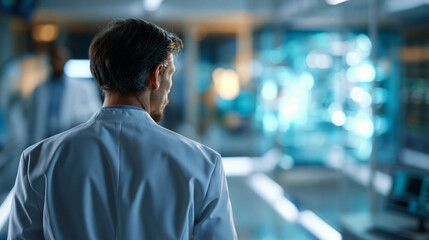 Obraz premium A European computer scientist viewed from behind walks toward a bright softly defocused quantum computer in a calm futuristic lab in soft daylight quantum approach faceless back