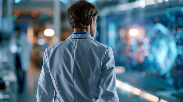 A European computer scientist viewed from behind walks toward a bright softly defocused quantum computer in a calm futuristic lab in soft daylight quantum approach faceless back