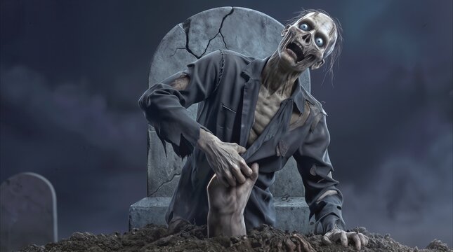 Malevolent zombie rising from grave in misty cemetery. Undead creature emerging from soil in front of cracked tombstone at night.