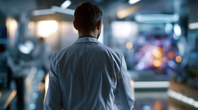 A European computer scientist viewed from behind walks toward a bright softly defocused quantum computer in a calm futuristic lab in soft daylight quantum approach faceless back