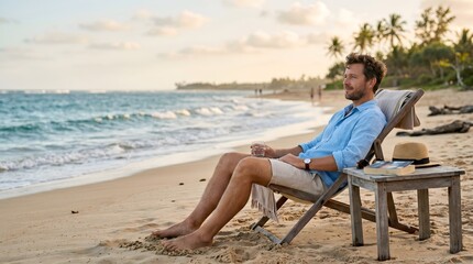 Fototapeta premium Man relaxing on beach chair enjoying the beautiful ocean view during sunset.