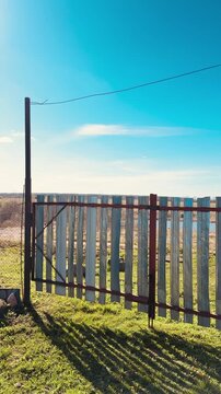 Weathered metal gate with vertical stainless strips, chain link fences flanking sides, spring grass carpeting ground, clear blue