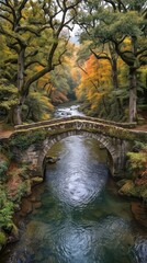 Obraz premium Stone arch bridge crossing forest river during autumn. Scenic woodland landscape with colorful fall foliage and flowing water.