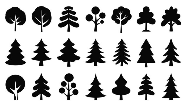 Set of tree silhouettes black icons featuring various pine fir and deciduous forest shapes isolated on a white background