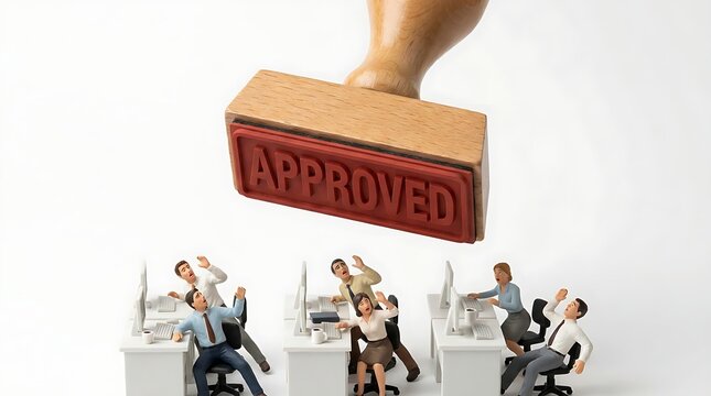 Miniature office workers react under a large stamp of approval, symbolizing