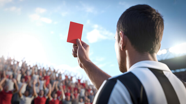 A professional soccer referee holds a bright red card during a tense football game in a large stadium
