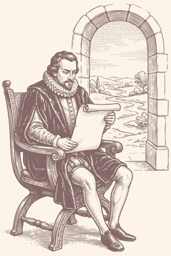 Vintage vector engraving illustration of a Renaissance poet or nobleman sitting in a wooden chair reading a paper scroll near a stone arch.
