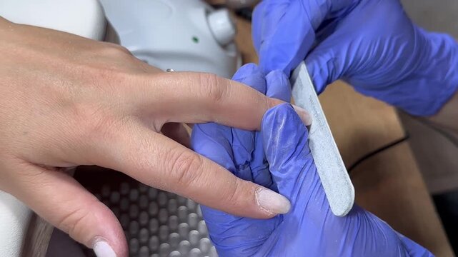 Video of a nail technician filing nails. Manicurist shapes nail using salon nail file during cosmetic procedure in beauty salon. Woman gets a french manicure at a beauty salon, manicurist files her cu