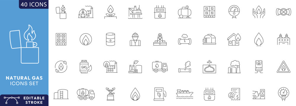natural gas icon set. Outline Icon Collection. Fully Editable. Vector illustration.
