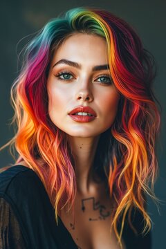 A woman with colorful hair and a tattoo on her chest