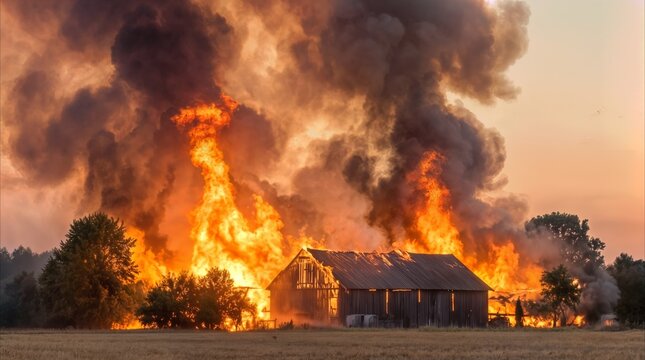 Barn engulfed in massive fire on rural farmland. Intense orange flames and thick dark smoke rising from burning wooden structure during sunset.