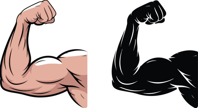 Strong muscular bicep flexed arm vector illustration with black silhouette version for gym fitness and bodybuilding logo design